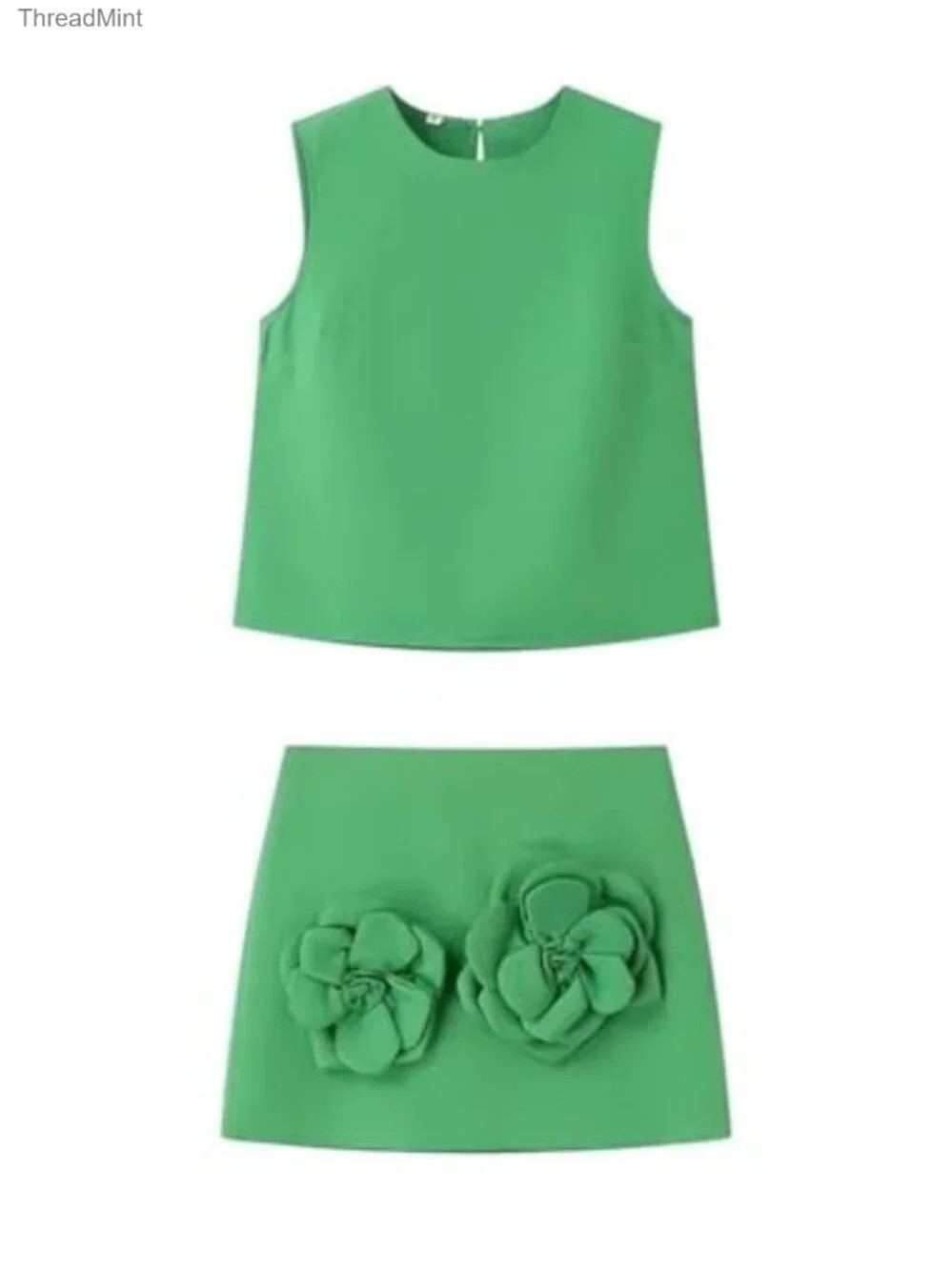 Green Two-Piece Floral Appliqué Dress Set